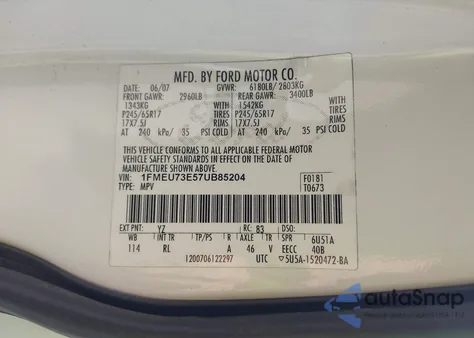 2007 Ford Explorer Xlt from USA, damaged, VIN 1FMEU73E57UB85204